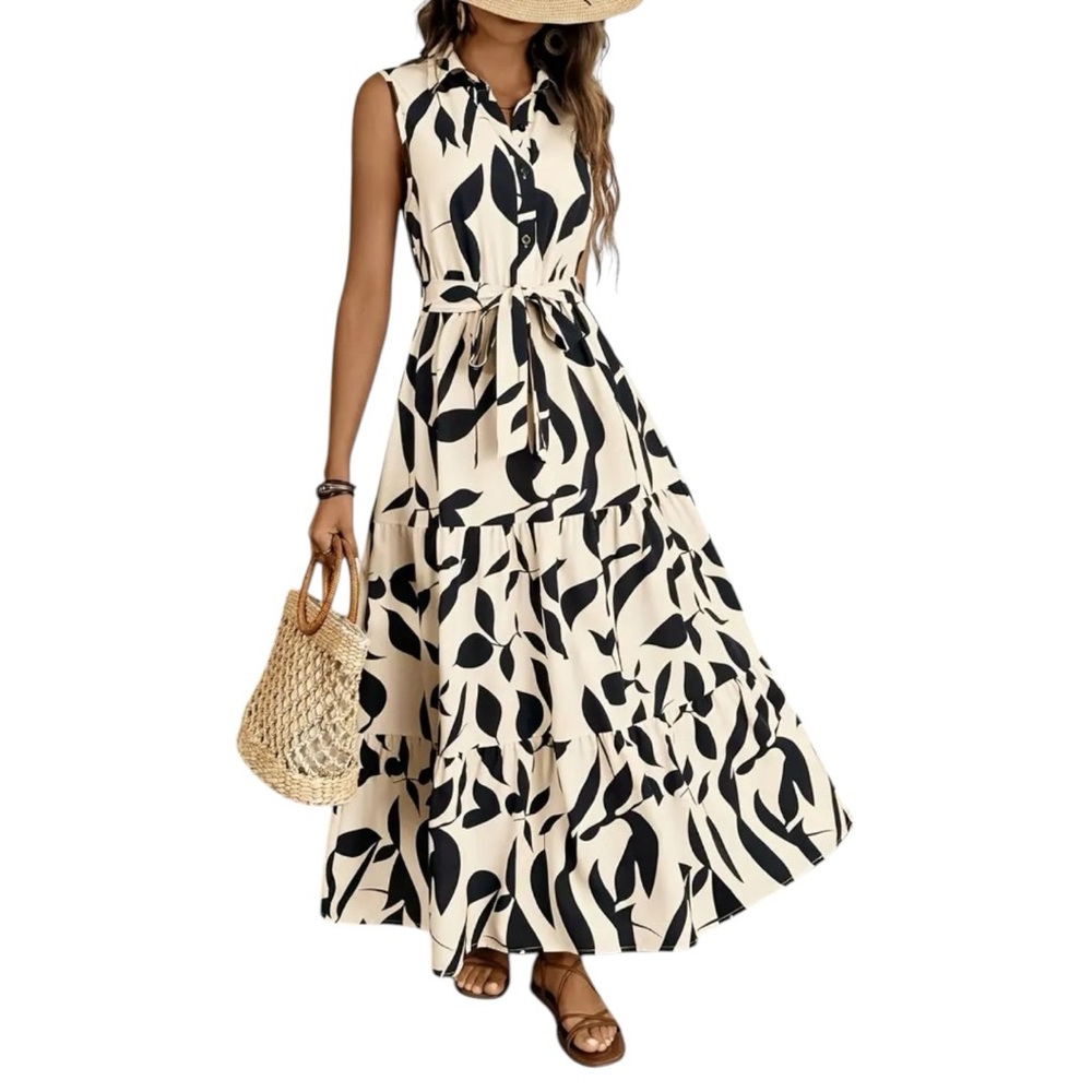 NEW Printed Tie Waist Sleeveless Maxi Dress Cream Black Boho Floral